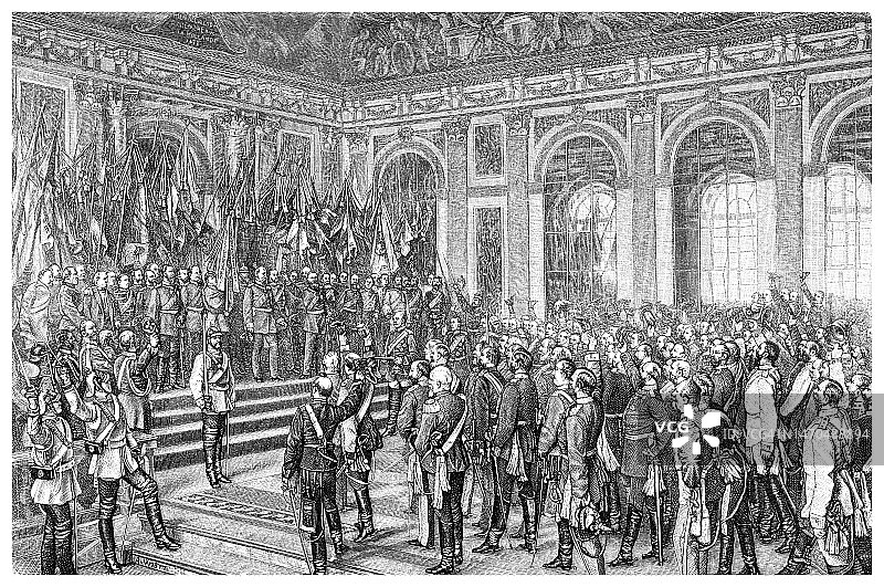 1871年1月18日，凡尔赛的德意志帝国公告的旧雕刻插图图片素材