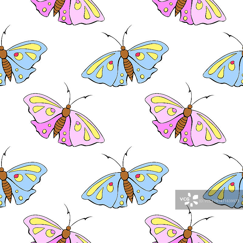 矢量无缝模式的粉红色和蓝色可爱的蝴蝶在平面风格。可爱的卡通美丽的昆虫。纹理以自然、春天、夏天为主题，儿童版画、孤立图片素材