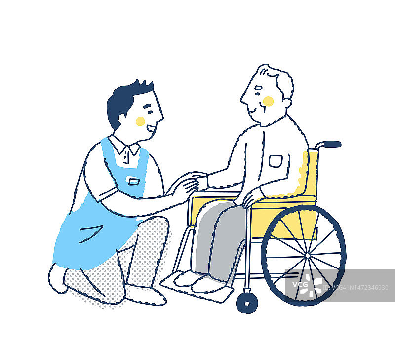 一位坐在轮椅上的老人和护理人员微笑着交谈图片素材