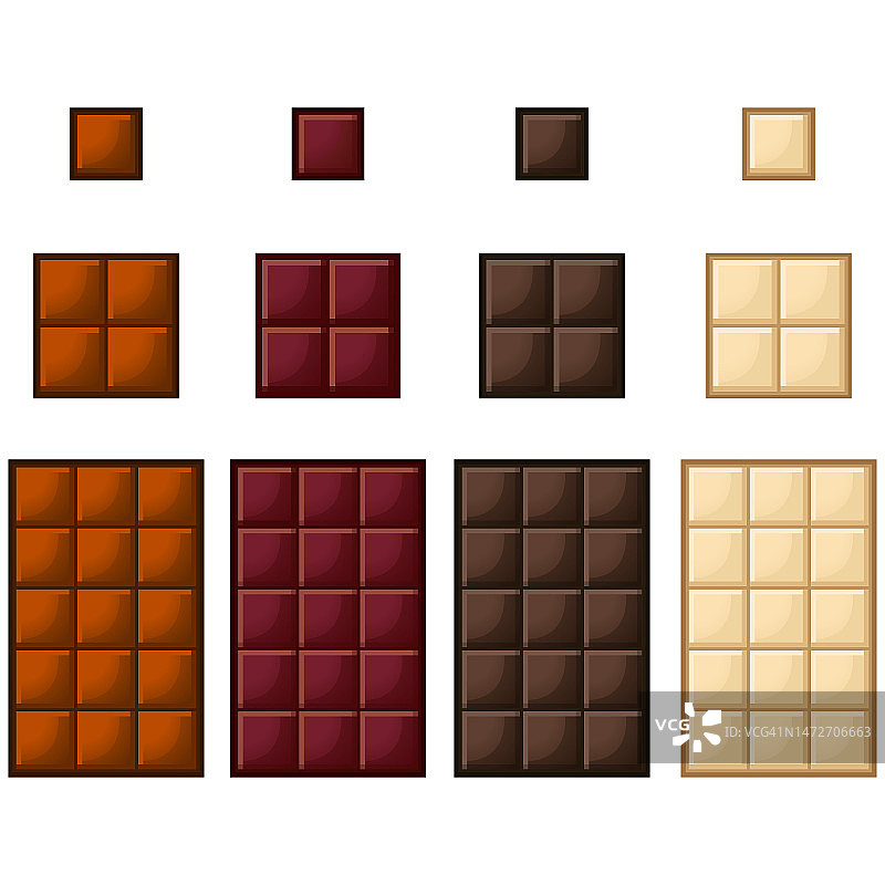 一套巧克力条孤立的白色背景。矢量卡通平面设计插图收集模板。黑巧克力，白巧克力，牛奶巧克力图片素材