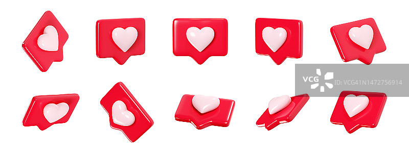 语音泡泡与心脏3d渲染图标设置-红色爱的消息或社交媒体的通知。图片素材