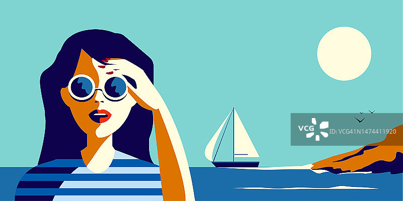 矢量插图的一个美丽的女孩在太阳镜的背景上的大海在复古风格图片素材