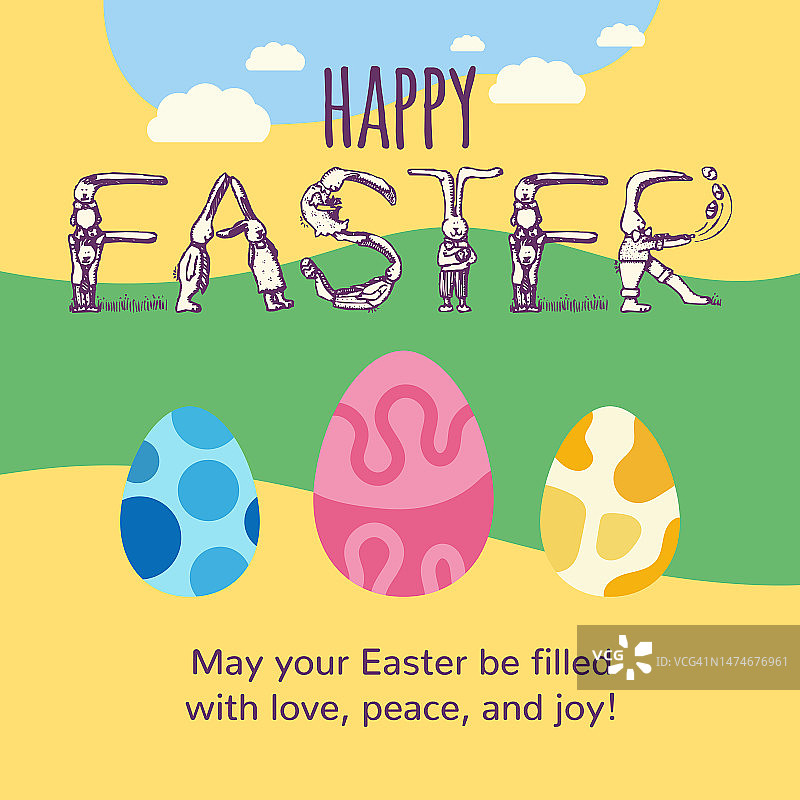 复活节快乐-复活节彩蛋和兔子字母贺卡设计图片素材