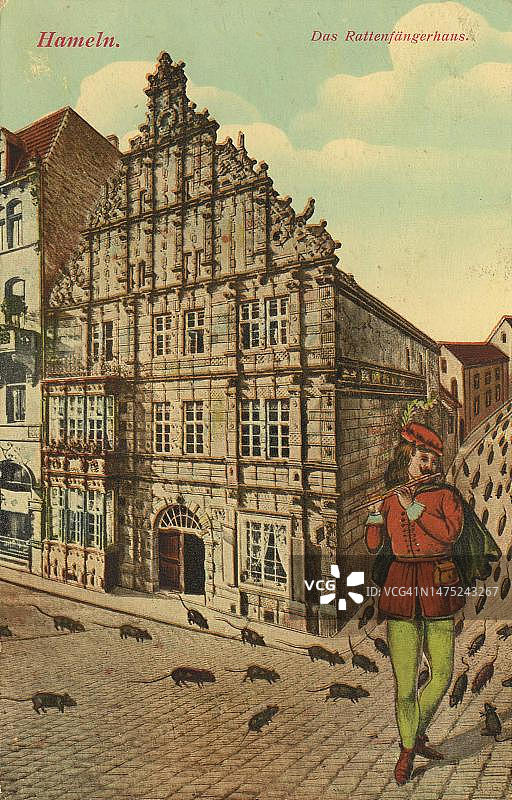 德国下萨克森州哈默林的魔笛手之家，带有文字的明信片，大约1910年，历史的，历史明信片的数字复制，公有领域，从那个时候开始，确切日期未知图片素材