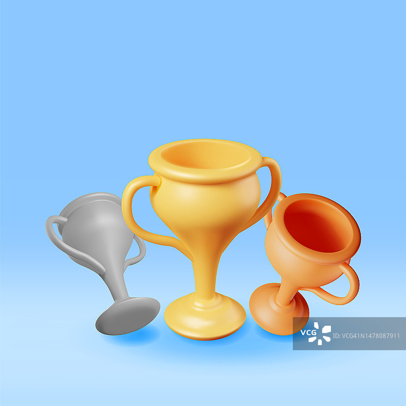 3D金、银、铜冠军奖杯。图片素材