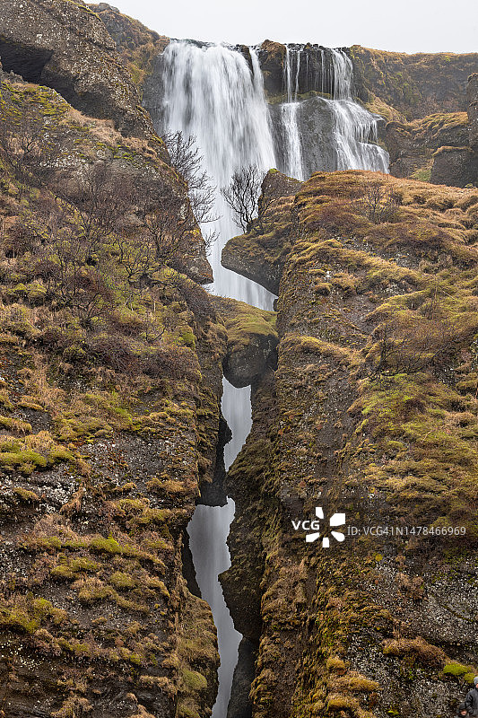 隐藏的瀑布隐藏在狭窄的峡谷，冰岛图片素材