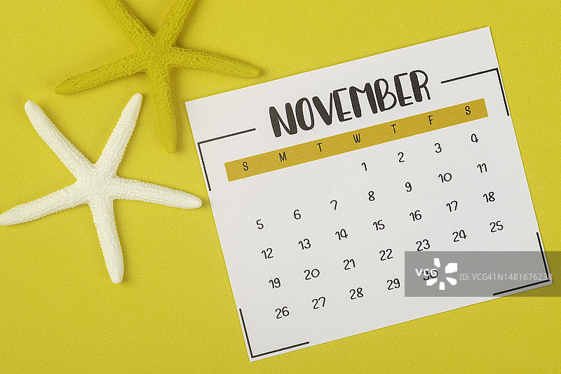 日历台2023年:11月是组织者计划和截止日期的月份，黄纸背景上有一只海星。图片素材