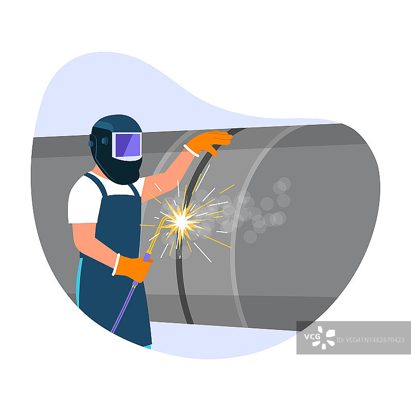 焊机矢量图。白色背景下，一个男人在工厂里焊接铁管的卡通场景。施工工程。图片素材