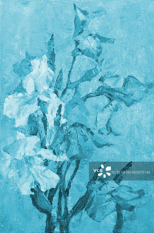插图艺术品油画花山水盛开鸢尾花在蓝色图片素材