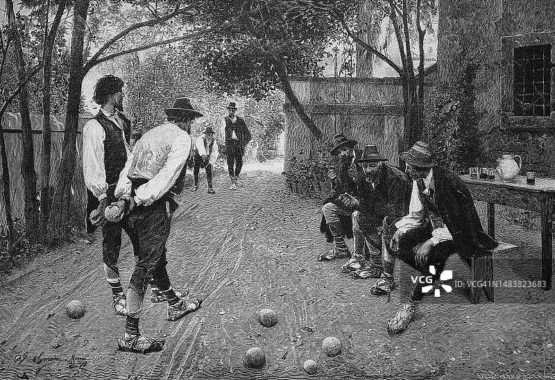 男子玩地滚球，地滚球游戏，法国，约1898年，历史悠久，数字复制的原始19世纪的艺术品，原始日期未知图片素材