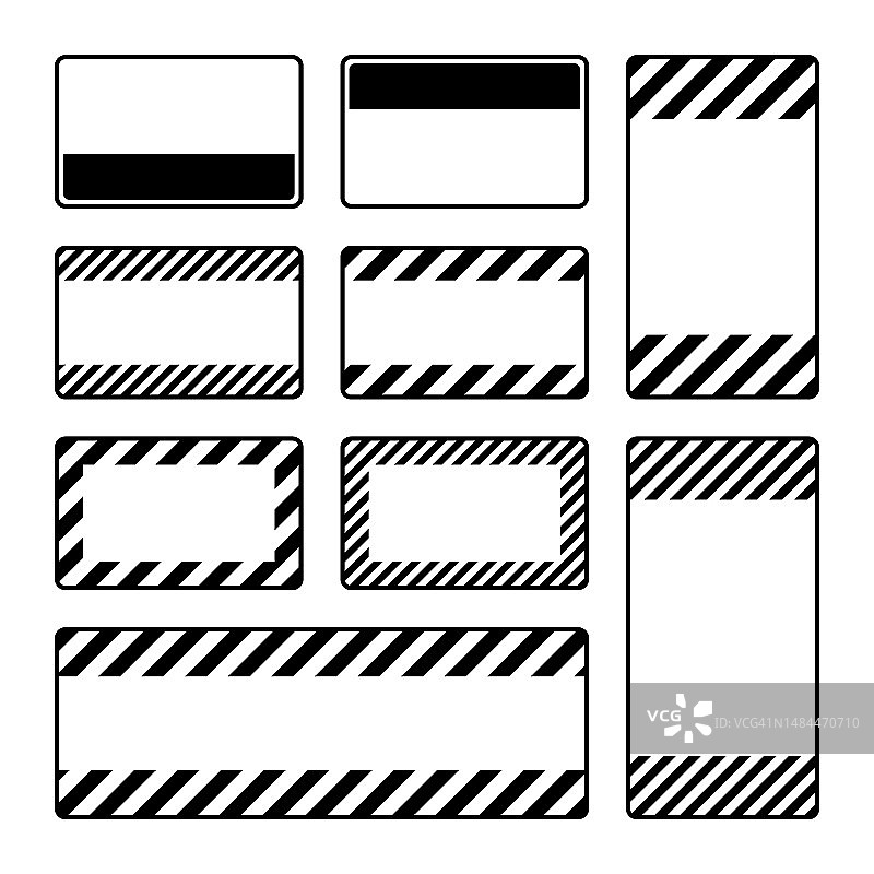 各种空白的黑色对角线警告标志。注意、危险或警告标志、施工现场标志。实事告示牌、警示牌、路牌。矢量图图片素材