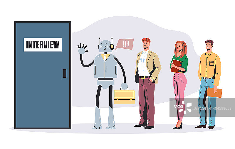 机器人和办公室里的人站着排队的就业概念。矢量图形设计插图图片素材