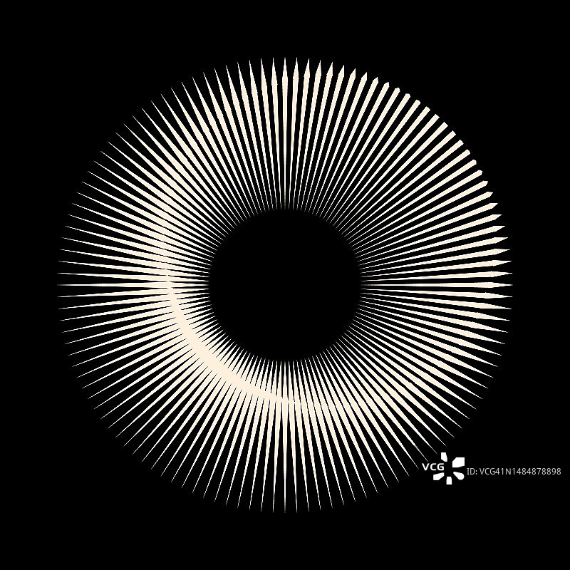 圆形从放射状线作为图标或标志。黑色背景上的半色调白色设计元素。图片素材