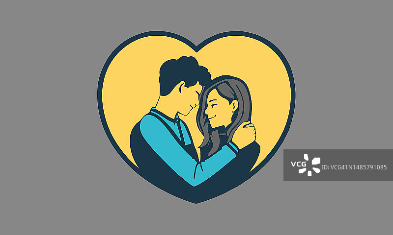 一个男人和一个女人在一个心形的框架里恋爱。矢量插图。图片素材