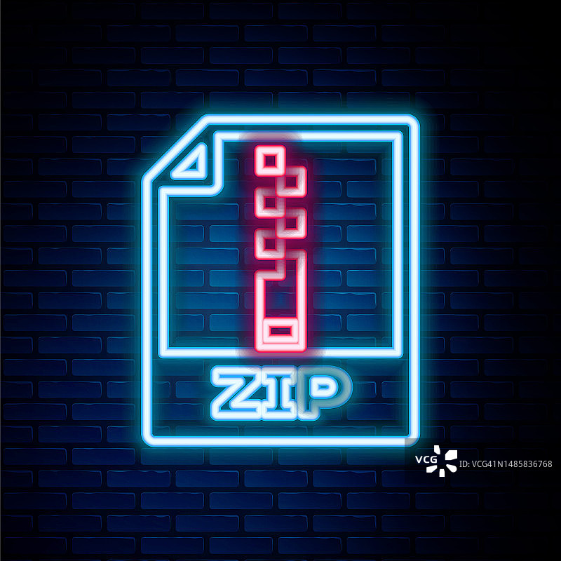 发光的霓虹线ZIP文件文件。下载zip按钮图标隔离在砖墙背景。ZIP文件符号。色彩缤纷的轮廓概念。向量图片素材