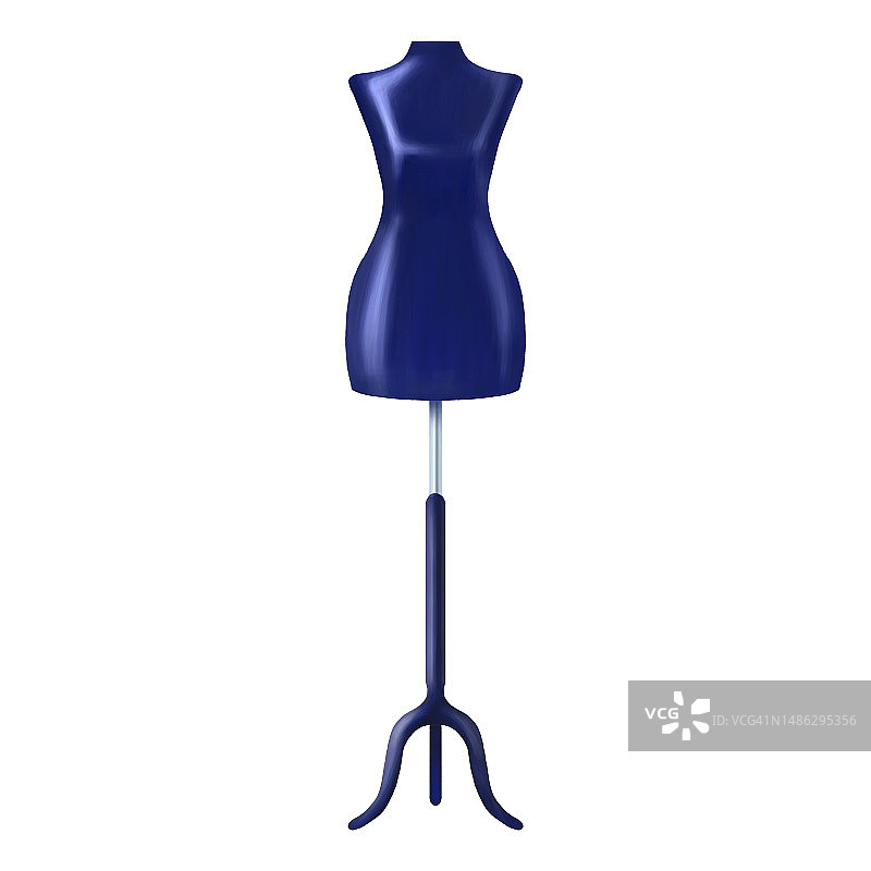 女裁缝的深蓝色人体模型，用于缝纫时试穿衣服。它用于工作室，服装店，缝纫车间。白色背景上的数字插图图片素材