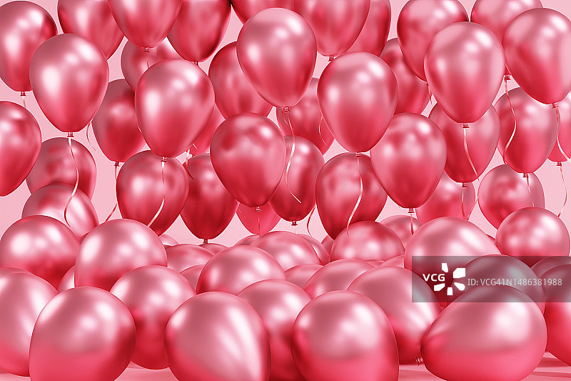 闪亮的粉色气球。美丽的3D节日背景，全景横幅。图片素材