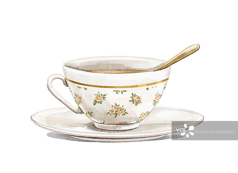 水彩复古白茶杯上的碟子与金勺和花卉图案图片素材