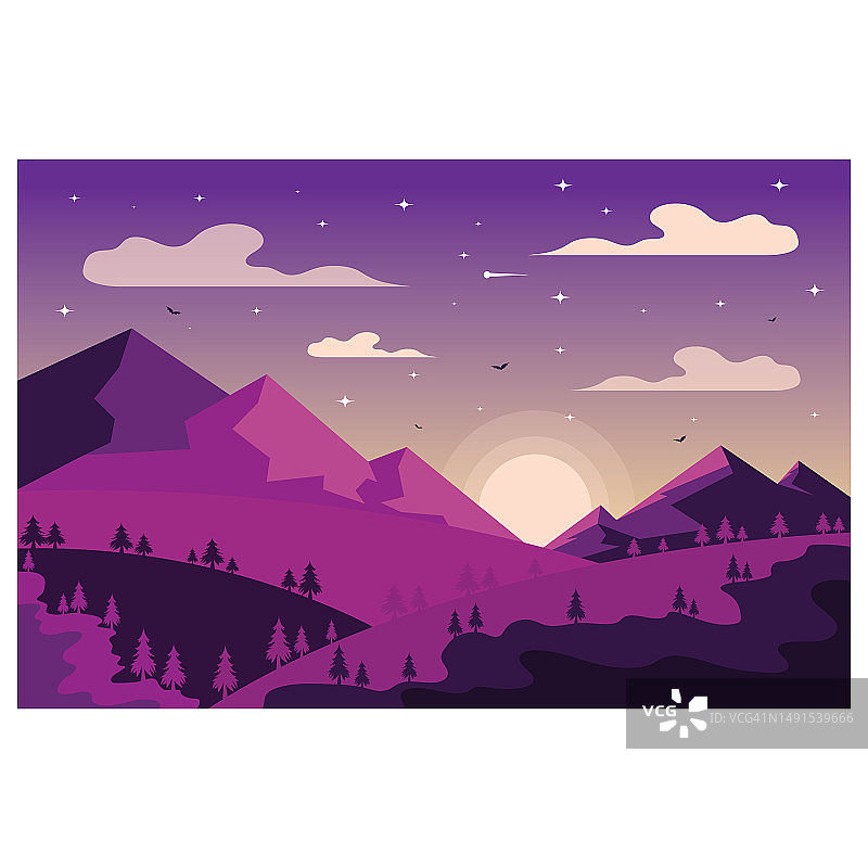 景观插画以自然风光为背景，以山、天、月、云、太阳、松湖为背景图片素材