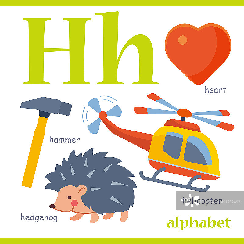 字母H与卡通词汇插图:心脏，直升机，刺猬，锤子。可爱的儿童ABC字母闪存卡，有字母H供孩子学习英语词汇。图片素材