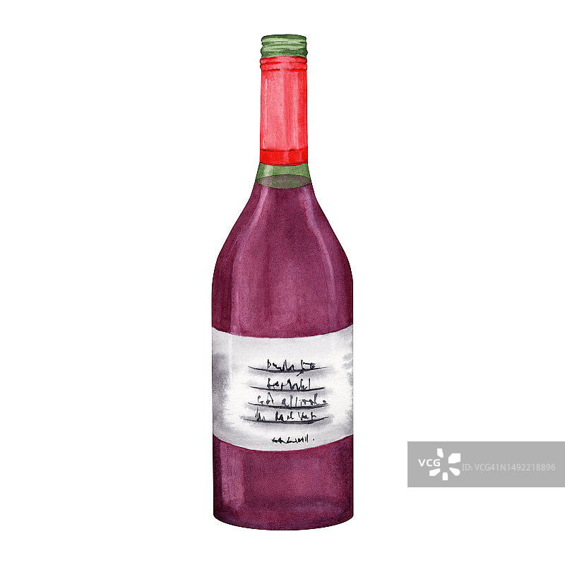 水彩插图一瓶红酒与一个标签。在白色背景上手绘元素。图片素材