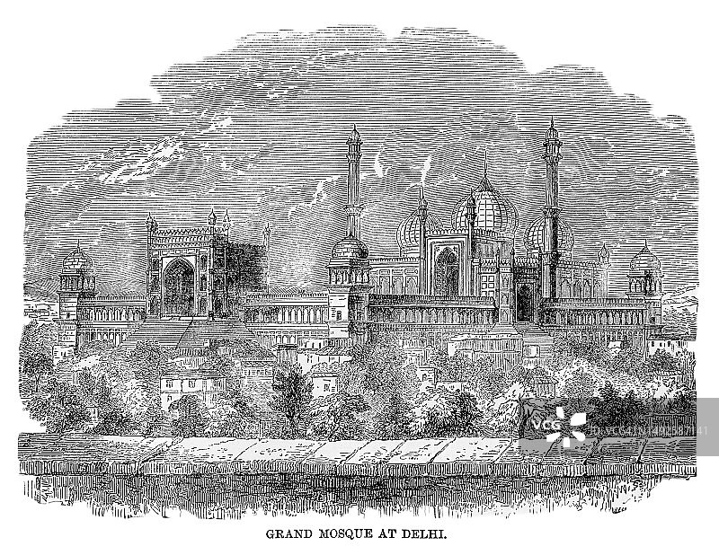 印度德里大清真寺(Jama Masjid)的古老雕刻插图图片素材