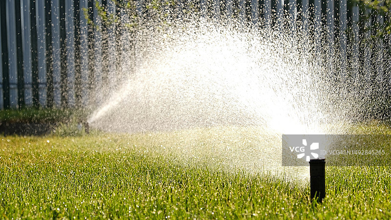 自动园林灌溉系统浇灌草坪。可调喷头灌溉系统节约用水。用于灌溉和维护草坪、园艺的自动设备。图片素材