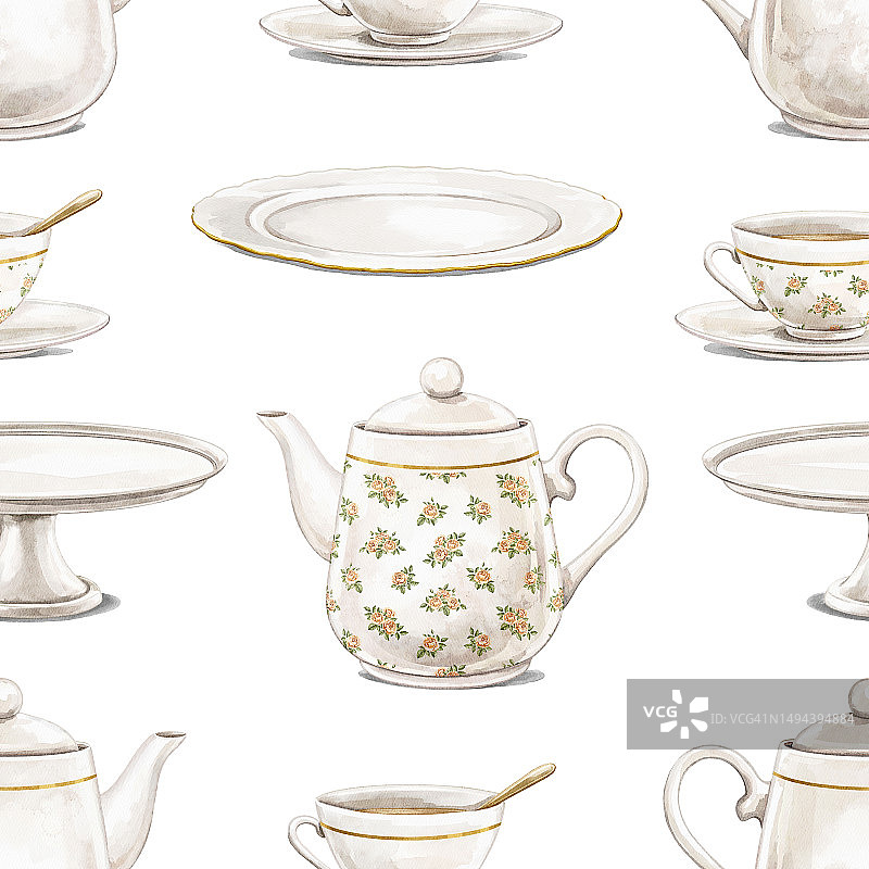 水彩无缝图案与复古套白色盘子水壶，杯子，盘子和盘子图片素材