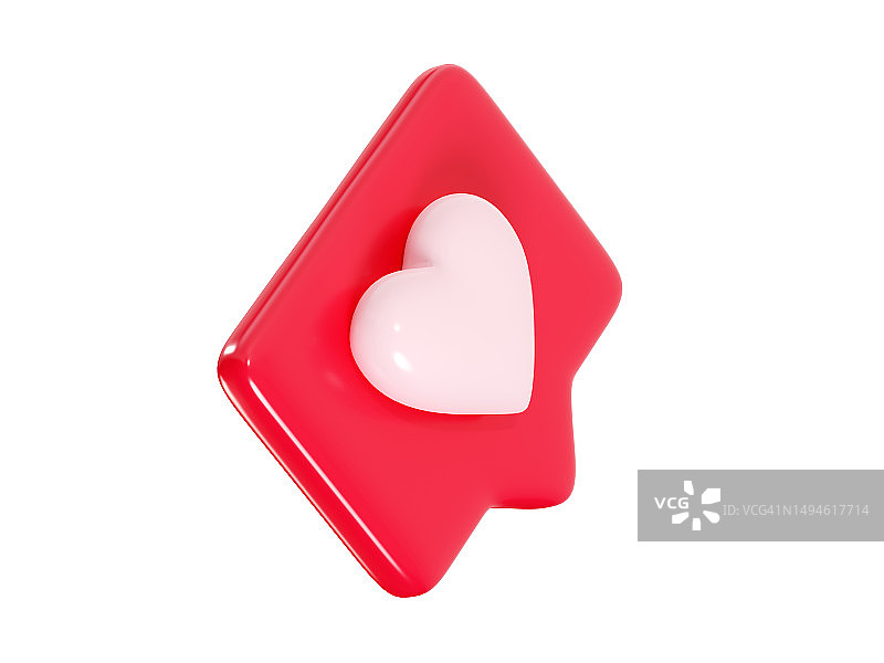 语音气泡与心脏3d渲染图标-红色的爱的信息或社交媒体喜欢的通知。图片素材