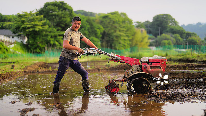 男农民开着农用卡车在稻田里干活的肖像图片素材