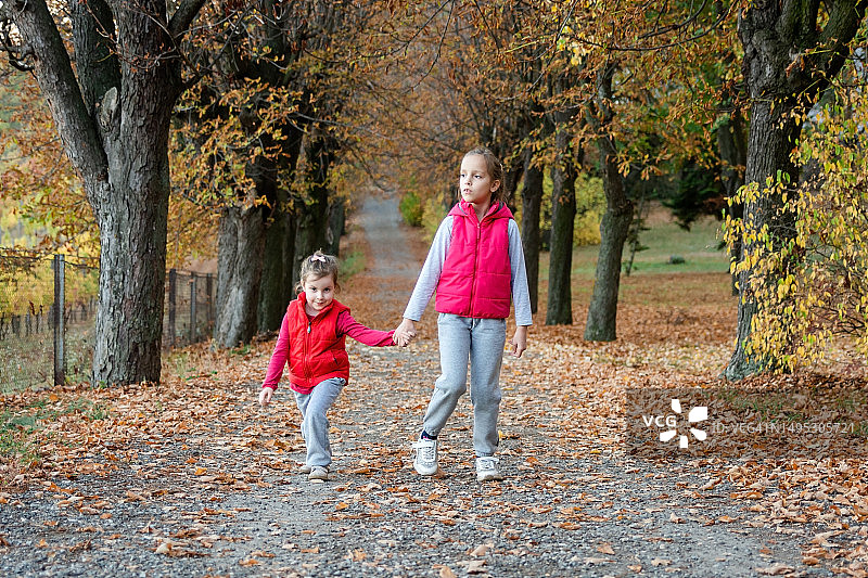 两个快乐的女孩牵着手在秋天的公园里散步图片素材