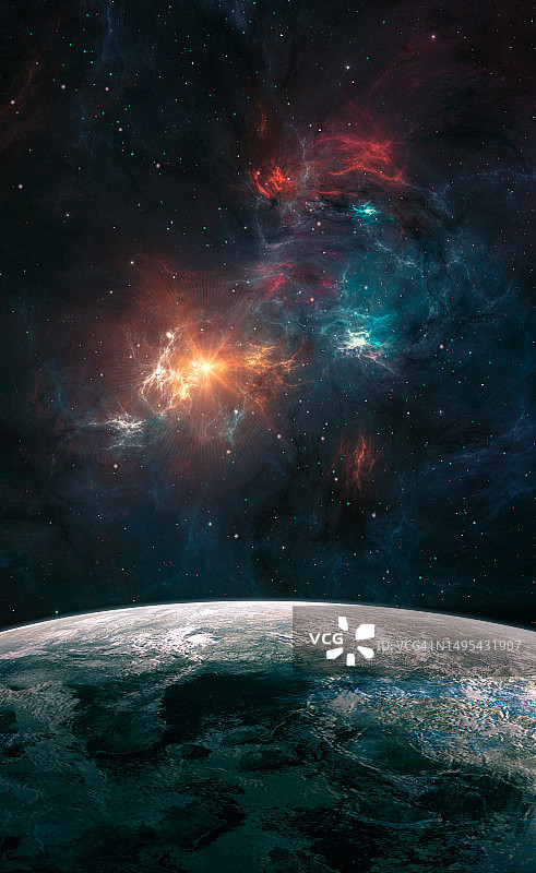 空间背景。彩色的蓝色和红色星云，有行星和恒星场。数字绘画图片素材