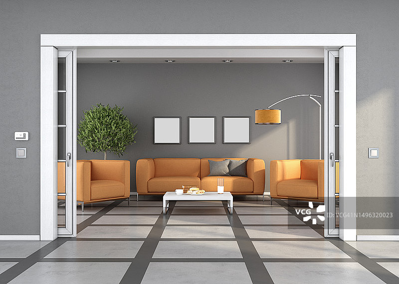 客厅的推拉门，背景是沙发和橙色扶手椅图片素材
