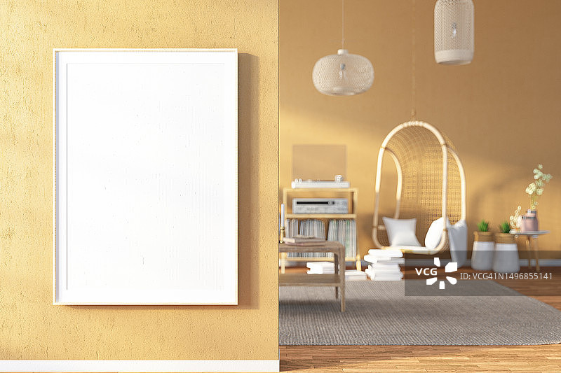 在舒适的客厅米色墙上的空模拟相框图片素材