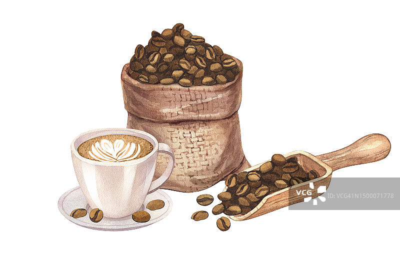 水彩粗麻布袋棕色烤咖啡豆木勺与谷物和拿铁咖啡。手绘插图孤立在白色背景。完美的咖啡厅，餐厅，卡片，海报的概念图片素材