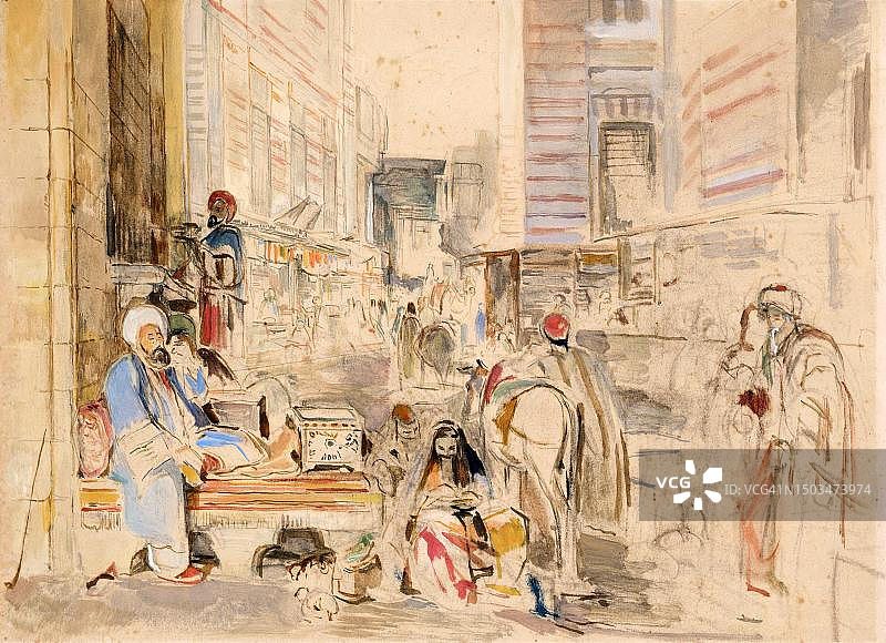 为开罗的街道和清真寺做研究，1841年，埃及，约翰·弗雷德里克·刘易斯绘画。具有历史意义的，数字修复的19世纪原版复制品图片素材