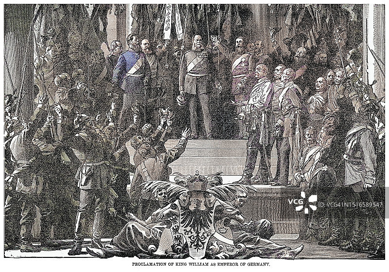 旧雕刻插图国王威廉一世公告，德国皇帝图片素材