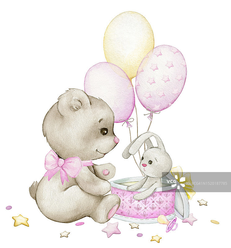 可爱的泰迪熊系着粉红色的蝴蝶结，气球，礼盒里的小兔子。在卡通风格的水彩假日剪贴画，在一个孤立的背景。图片素材