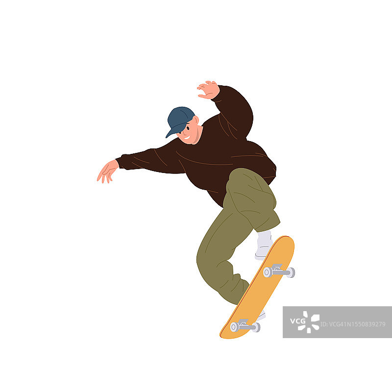 少年潮男子滑板享受速度运动跳跃在长板上孤立的白色图片素材