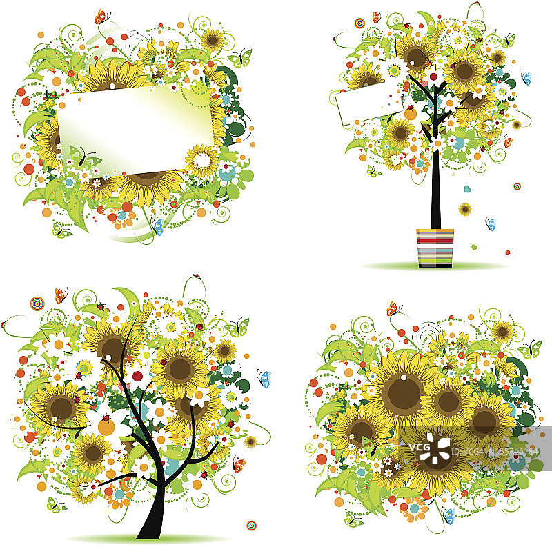 夏日风格与向日葵-树，框架，花束图片素材
