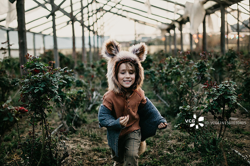 一个戴着狐狸帽在温室里奔跑的男孩图片素材