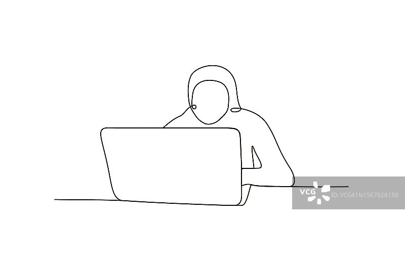 现代单线艺术，一个年轻的女人用她的笔记本电脑工作。图片素材