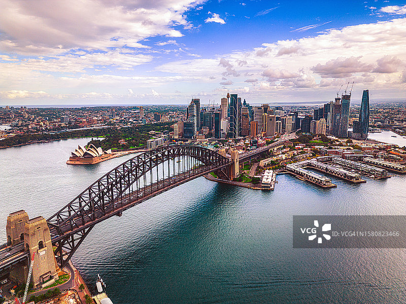 鸟瞰图:澳大利亚悉尼市区通往悉尼海港大桥的高速公路上拥挤的交通，有歌剧院，有许多游艇和环形码头图片素材