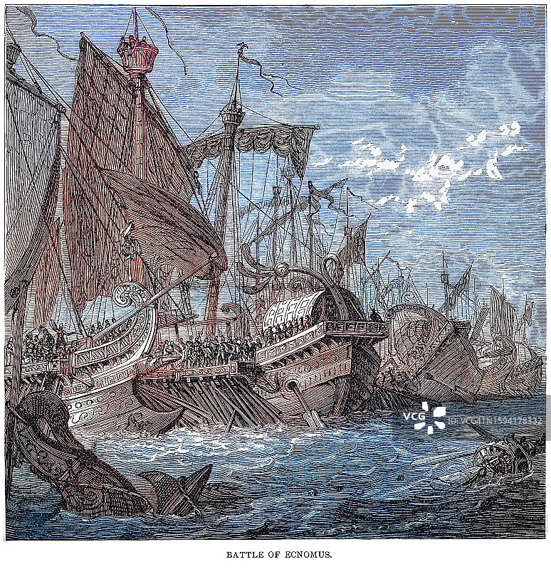 埃克诺穆斯角战役的古雕刻插图，公元前256年，在第一次布匿战争(公元前264-241年)期间，迦太基舰队和罗马共和国舰队在西西里岛南部进行的一场海战。图片素材
