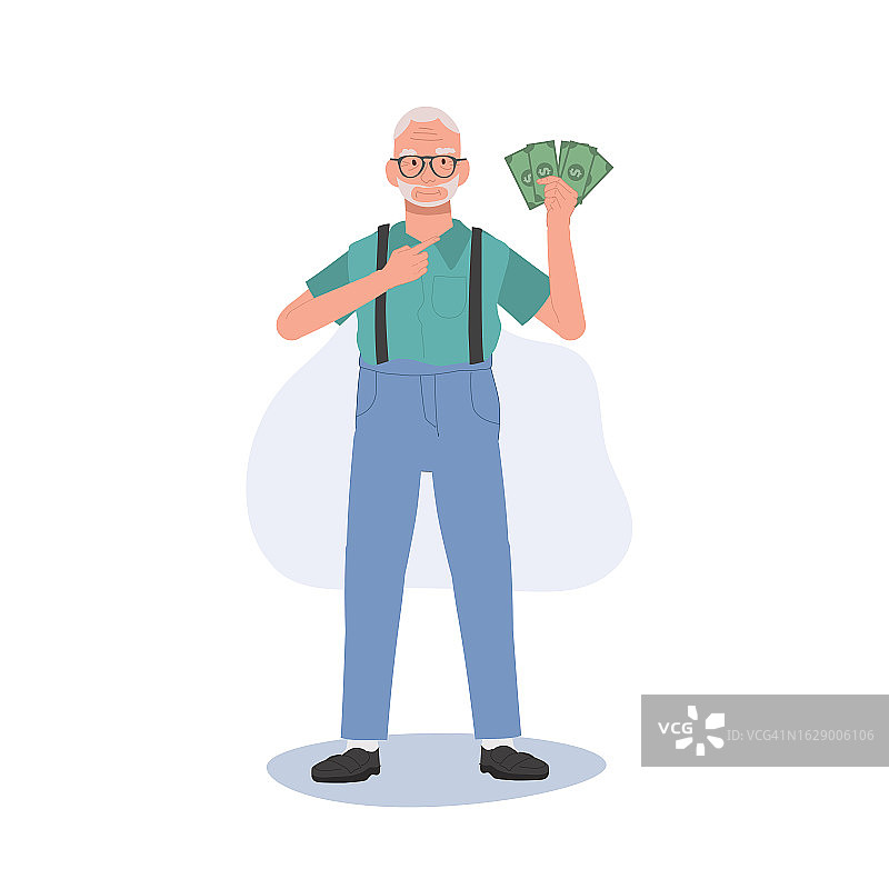 金钱概念插图。优雅的老人展示退休基金。奶奶展示钱扇图片素材