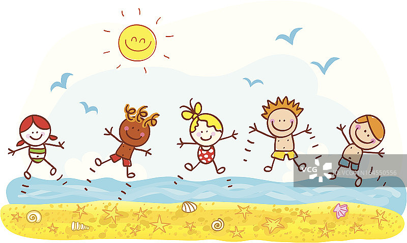 快乐的暑假孩子们在海滩海洋跳跃卡通插图图片素材