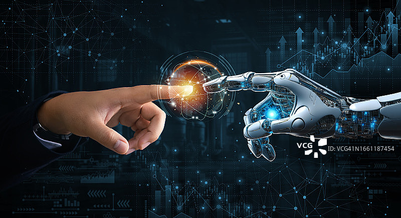 股票图背景下大数据连接的机器人与人的双手。科技与人工智能，创新未来。AI，机器学习。图片素材