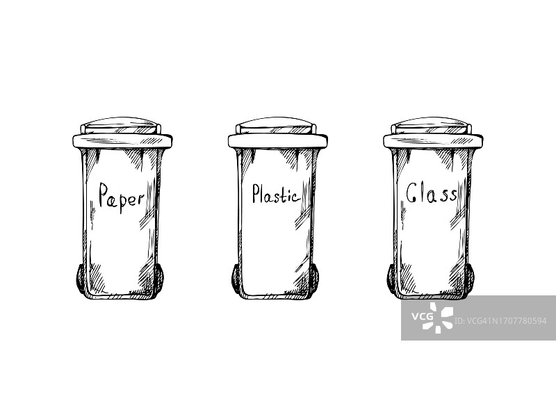 一套手绘黑白草图的垃圾容器为塑料，纸，玻璃。垃圾隔离，垃圾分类，垃圾管理。复古矢量轮廓插图。涂鸦。图片素材