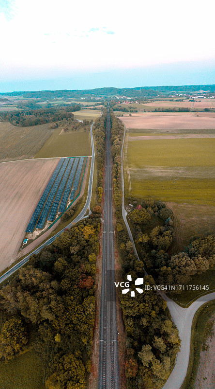 无人机垂直全景图与铁路和太阳能电池板在日落图片素材