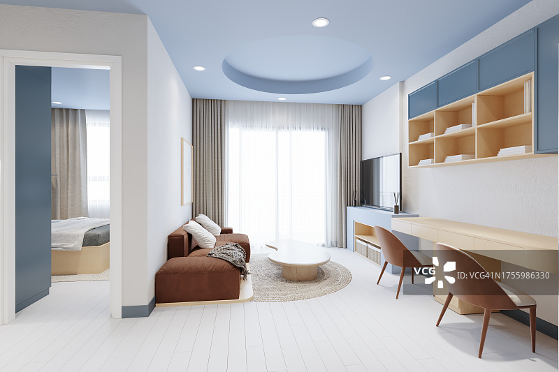 开放式现代客厅和卧室图片素材